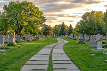 Peaceful cemetery pathway with gravestones and trees under the golden light of a sunset.