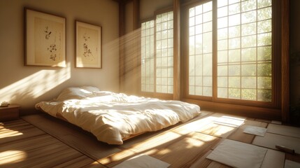 Obraz premium Sunlit Japanese Bedroom with Futon Bed