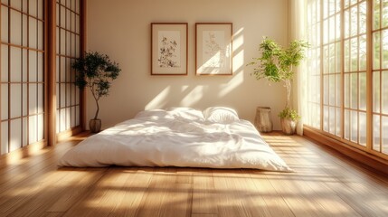 Minimalist Japanese Bedroom with Sunlight Streaming Through