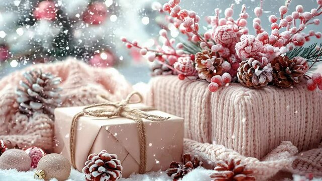 Christmas presents covered in snow with a background of falling snow.