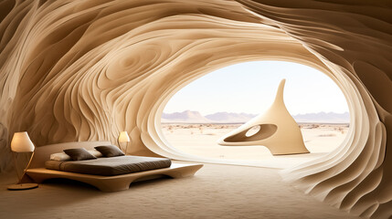 Futuristic modern bedroom interior design that looks like a cave with a huge oval window and a picturesque view of the desert and mountains in the distance