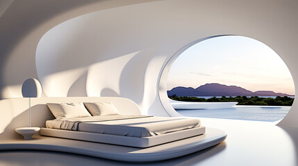 Futuristic interior design of modern bedroom with swimming pool and terrace