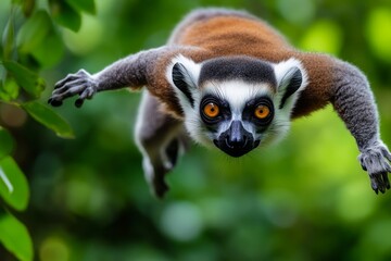 Fototapeta premium Lemur on a stunt bike, flipping and spinning through the jungle canopy as it performs daring tricks, leaping between branches and trails