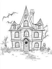 Naklejka premium A spooky haunted house with a gabled roof, chimney, and multiple windows. The house is surrounded by a fence, a tree, and bats flying overhead. This illustration evokes the feeling of a mysterious and