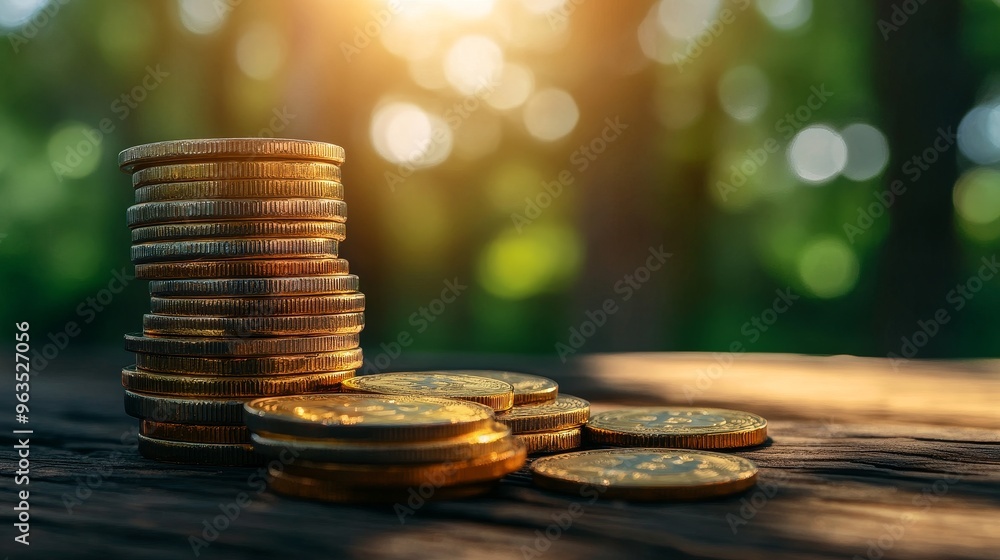 Poster a stack of shiny gold cryptocurrency coins on a weathered wooden table with a blurred background of 
