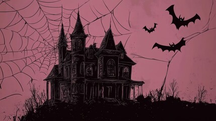Fototapeta premium A spooky silhouette of a haunted mansion with a spider web, bats, and a pink background. The image symbolizes mystery, fear, and the supernatural. It's perfect for Halloween decorations, spooky storie