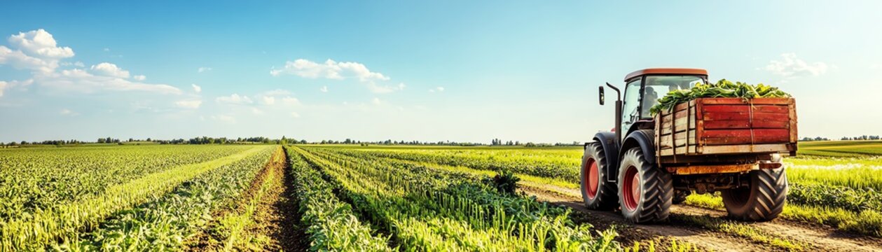 A vibrant tractor in a lush green field under a clear blue sky, showcasing the beauty of agriculture and farming life.