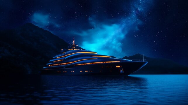 A stunning illustration of a sleek, modern superyacht sailing under a mesmerizing night sky, adorned with twinkling stars and a vibrant aurora borealis, creating a scene of opulence and wonder. This a - Powered by Adobe