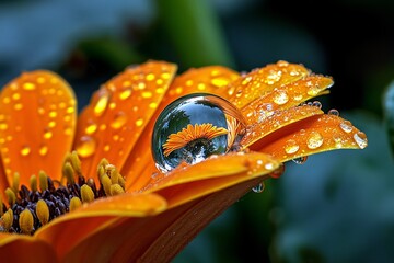 Macro photo of a raindrop on a petal, reflecting the world in a tiny, crystal-clear bubble of water, full of life and light