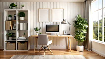 Comfortable working place at home, home office, white Mock up frame