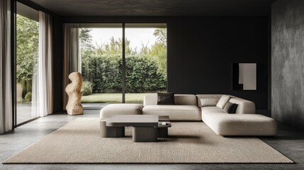 Fototapeta premium Modern Living Room with Sectional Sofa and Garden View