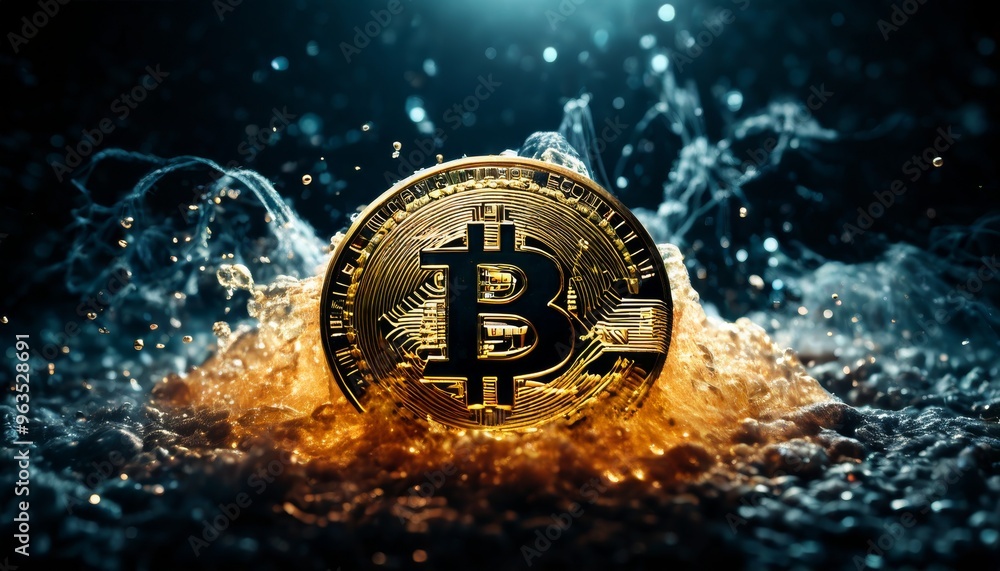 Poster a golden bitcoin emerges dramatically from a splash of water, symbolizing the dynamic and fluid natu