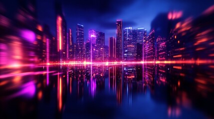 Fototapeta premium A vibrant cityscape illuminated by neon lights with reflections in the water, symbolizing urban life, technology, energy, progress, and modernity.