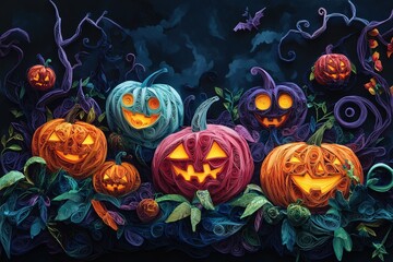 Quilled Pumpkin Patch with Glowing Jack-o'-Lanterns, Vines, and Leaves in Spooky Halloween Setting