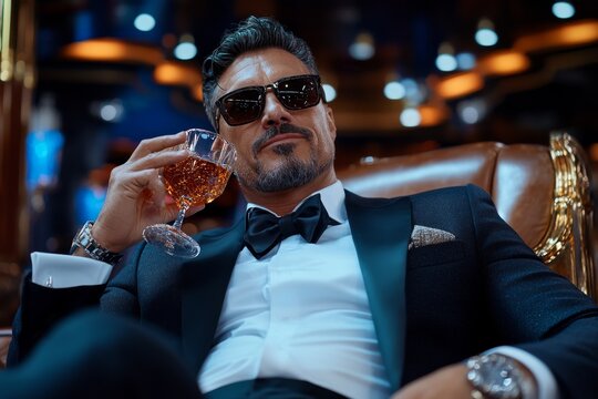 Mafia boss sipping whiskey in a private club surrounded by opulence, where every waiter knows to keep their distance