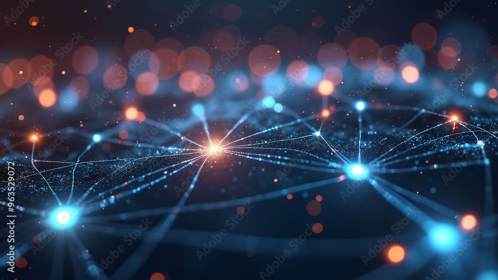 Poster an abstract illustration of a futuristic network with interconnected nodes, lines, and glowing point