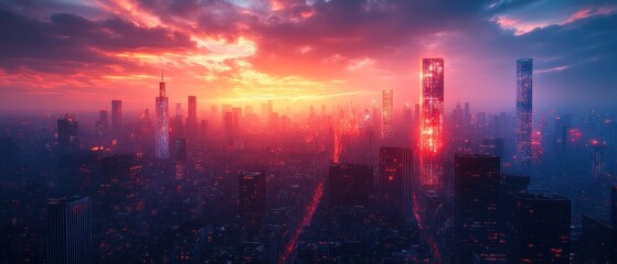 A Cityscape with a Towering Building Illuminated in Red Under a Dramatic Sunset Sky