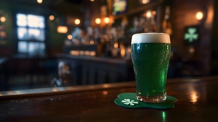 A frosty glass of green beer sits on a bar counter, ready for St. Patrick's Day.