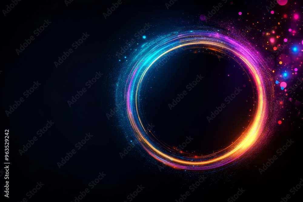 Poster a vibrant and mesmerizing abstract circle composed of multiple layers of swirling neon colors agains