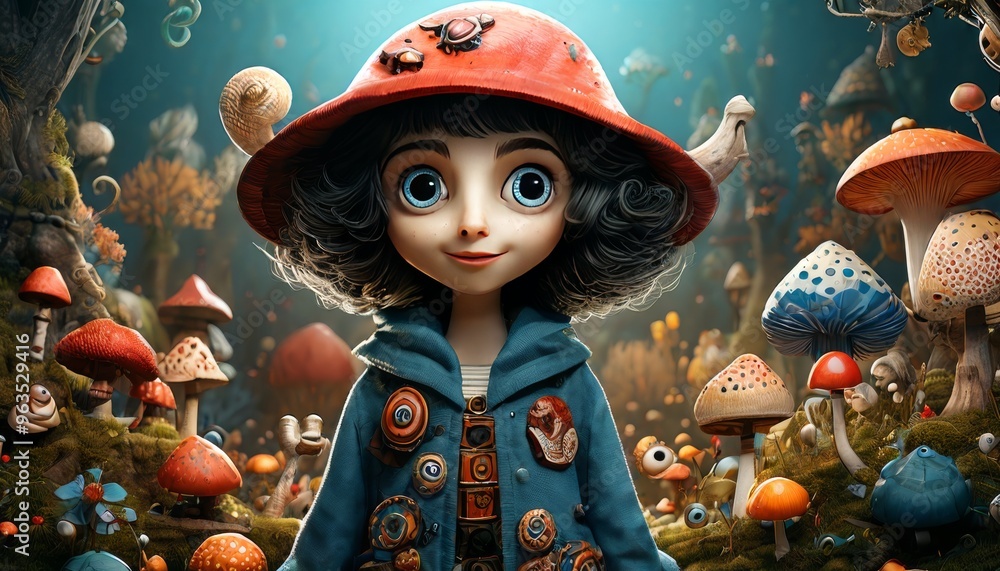 Poster a whimsical image of a fantasy girl with big blue eyes and a red hat, standing in an enchanting mush