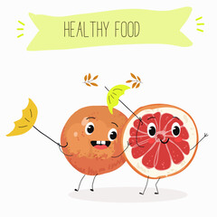 Funny fruity grapefruit characters. Comic elements, hand drawn style. Vector illustration for stickers, posters, prints. Funny fruits.