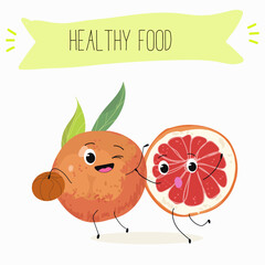 Funny fruity grapefruit characters. Comic elements, hand drawn style. Vector illustration for stickers, posters, prints. Funny fruits.