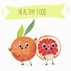 Funny fruity grapefruit characters. Comic elements, hand drawn style. Vector illustration for stickers, posters, prints. Funny fruits.