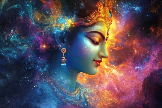 Lord Krishna depicted as Vishwaroop( cosmic form) showing the universe within him, with a radiant aura