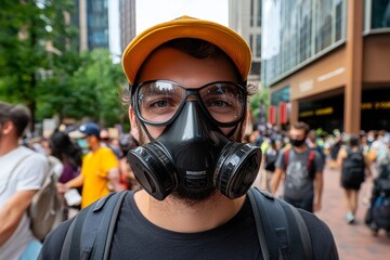 Masked man blending into a protest his face obscured by a gas mask, part of a crowd yet set apart by his mission