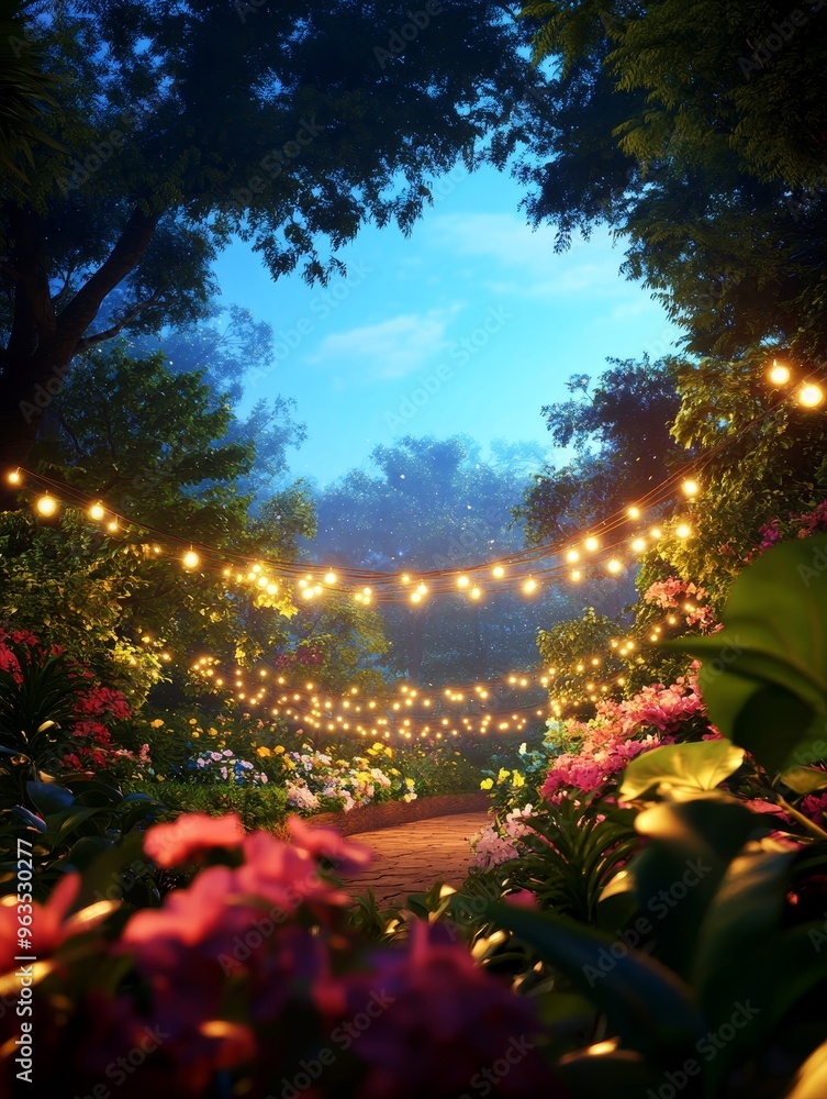 Poster a whimsical twilight scene of a lush and vibrant garden illuminated by string lights. the path invit