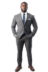 A full-body shot of an African American man in a formal suit, confidently standing against a white background.