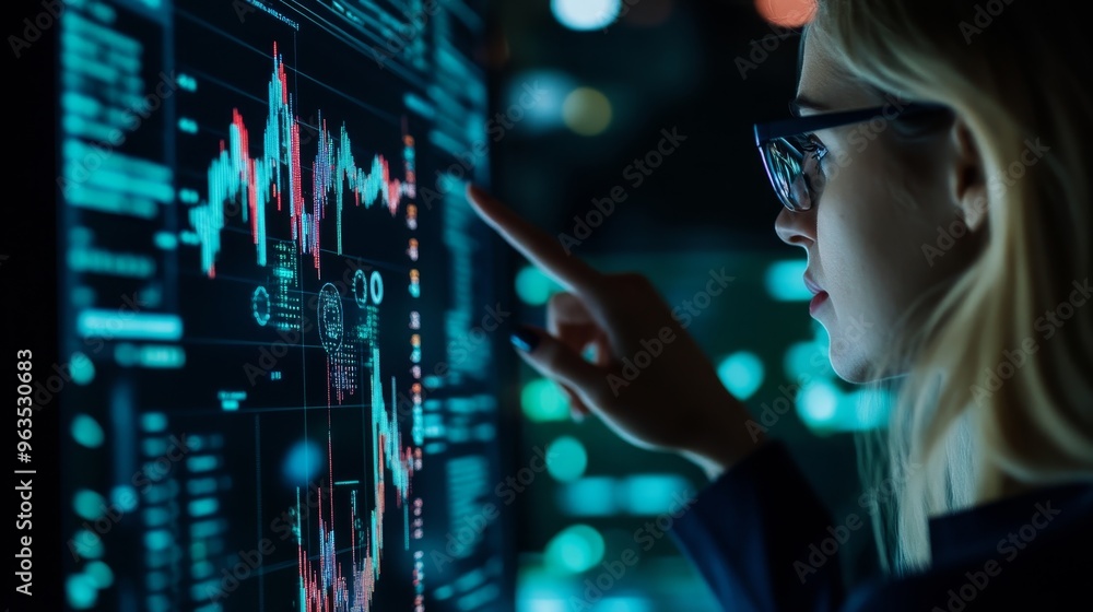 Aufkleber a woman analyzes data on a computer screen, pointing at a graph. the image symbolizes data analysis,