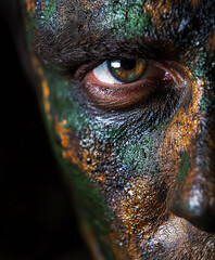 military camouflage face paint, vivid greens, browns, and blacks applied in irregular patterns across the face of a soldier