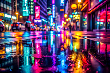 Obraz premium A city street at night with neon lights and reflections on the wet pavement. Scene is vibrant and energetic, with the neon lights and reflections creating a sense of movement and excitement
