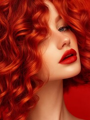 Fototapeta premium A woman with warm, rich, and vibrant vintage red hair color, styled in loose curls, showcases a captivating look. Her bright red lipstick complements the fiery hair, highlighting her striking features