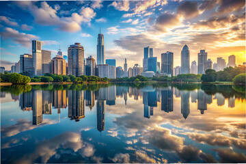 Obraz premium A city skyline is reflected in a body of water. The sky is blue with a few clouds