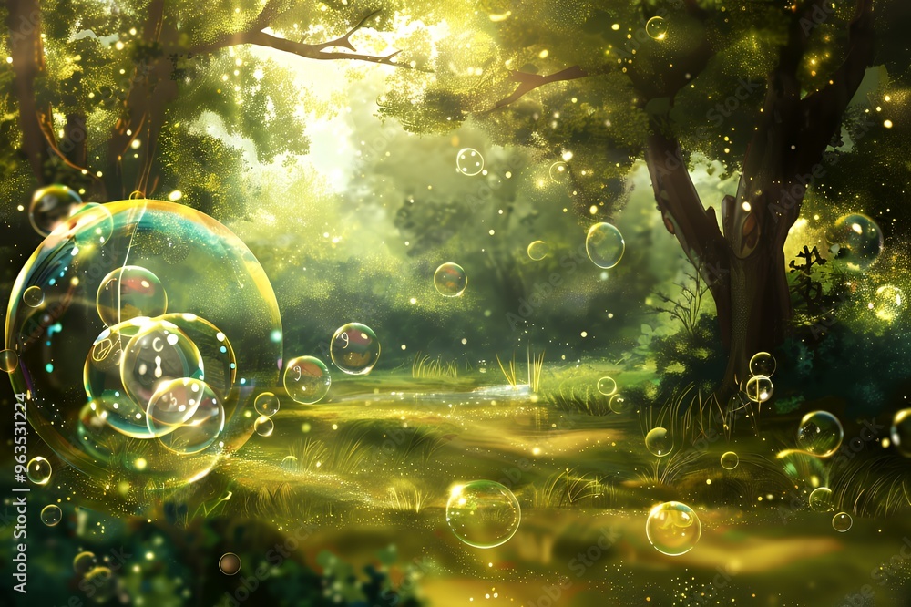 Poster magical forest scene with large iridescent bubbles floating over green grass and trees.