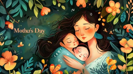 Mom and her baby against a floral backdrop, symbolizing Mother's Day with tenderness and care.