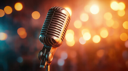 Retro microphone on bokeh background. Comedian stand up show. Jazz concert. Party in night club