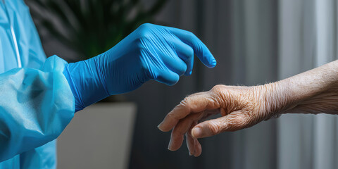 A doctor's hand in a blue glove and medical gown strokes an elderly Patient's writhing arm. 