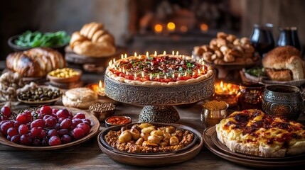 Obraz premium Hanukkah feast set in an ancient home, traditional foods and historical artifacts displayed, [Hanukkah festival], [cultural heritage]