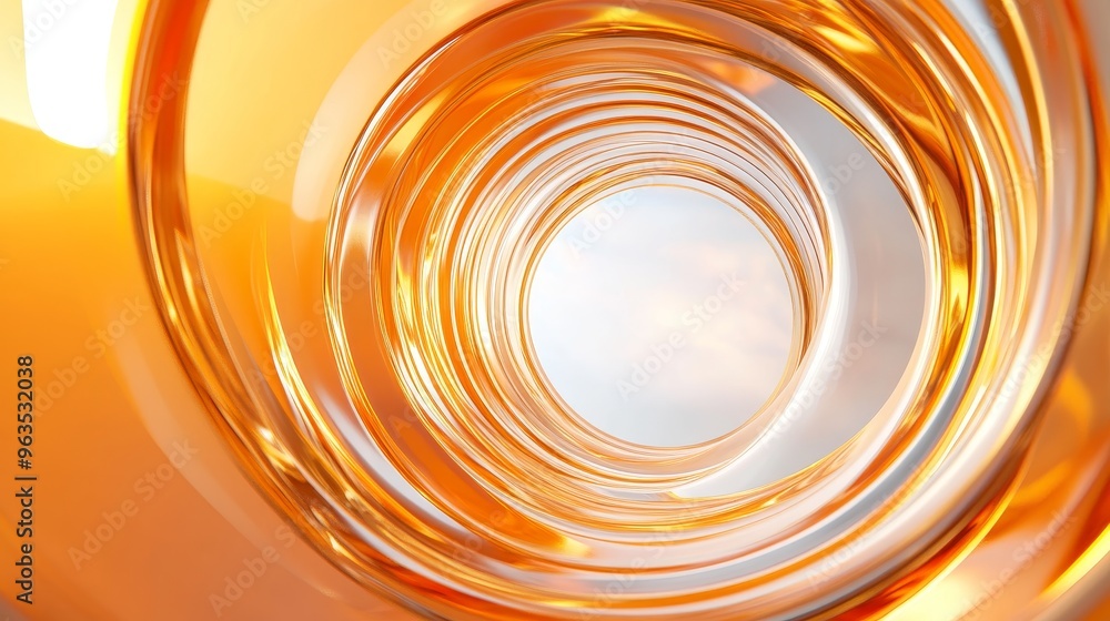 Poster an abstract image of a circular descent, featuring concentric rings of shimmering orange, evoking co
