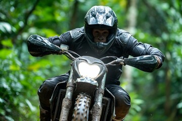 Monkey on a motorbike, performing tricks in the jungle swinging from vines to bike, pulling off daring flips