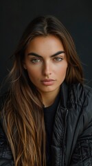 Naklejka premium Close-up portrait of a woman with long brown hair and a black shirt.