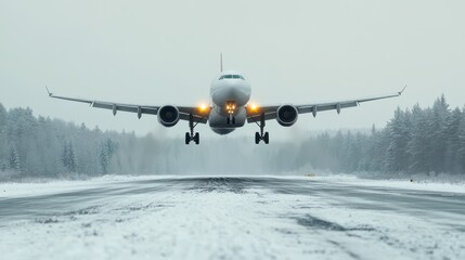 An airplane descends towards a snowy runway, surrounded by a forest blanketed in white. The image conveys a sense of winter travel, adventure, and the beauty of nature.