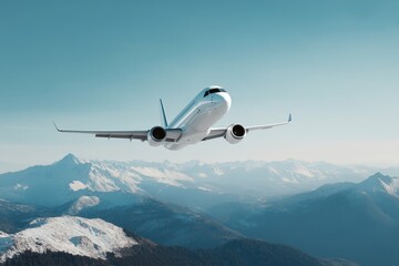 Naklejka premium An airplane soars gracefully through the clear blue sky, leaving a trail of condensation as it flies over a breathtaking snow-capped mountain range. The image captures the freedom and adventure of air