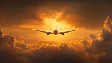 Naklejka premium An airplane soars through a breathtaking sunset, its silhouette outlined against a sky filled with vibrant golden clouds. This image symbolizes freedom, travel, and the pursuit of new horizons.
