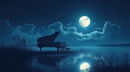 Gentle Piano Music Playing by the Serene Lake Under the Moonlit Sky