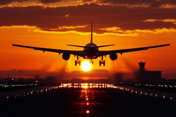 An airplane takes off into a vibrant sunset sky, symbolizing the start of a journey, freedom, and new beginnings. The silhouette of the aircraft against the fiery orange and red hues represents advent