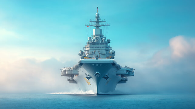 A large naval warship sails through calm sea waters